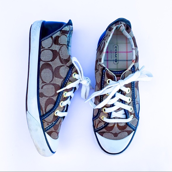 Coach Shoes - Coach Classic C Print Brown Canvas Leather Sneaker